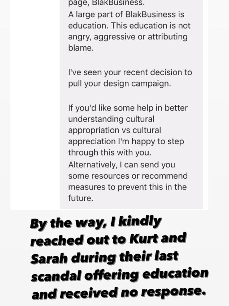 Sarah Day has previously been accused of cultural appropriation and @blakbusiness claims it offered help during the last storm. Picture: Instagram/@blakbusiness