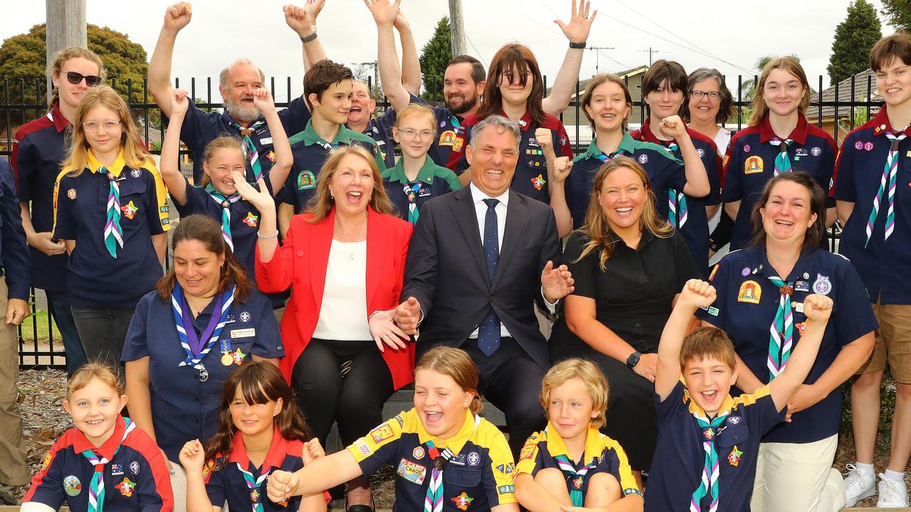 Federal Regional Minister Catherine King, Deputy Prime Minister Richard Marles, and Lara MP Ella George celebrate funding for the Norlane Scouts. Picture: Alison Wynd.