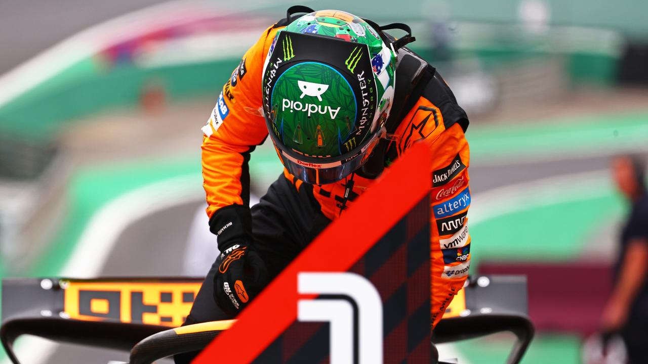 Sprint Pole qualifier Oscar Piastri of Australia and McLaren in parc ferme during Sprint Qualifying ahead of the F1 Grand Prix of Brazil. (Photo by Mark Thompson/Getty Images)