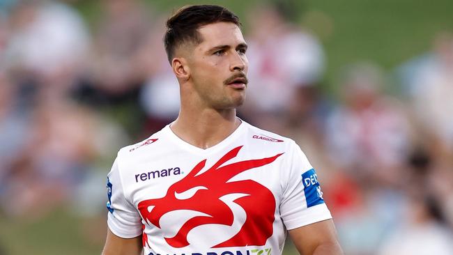 WOLLONGONG, AUSTRALIA - APRIL 11: Lachlan Ilias of the Dragons warms up prior to the round six NRL match between St George Illawarra Dragons and Gold Coast Titans at WIN Stadium, on April 11, 2025, in Wollongong, Australia. (Photo by Brendon Thorne/Getty Images)