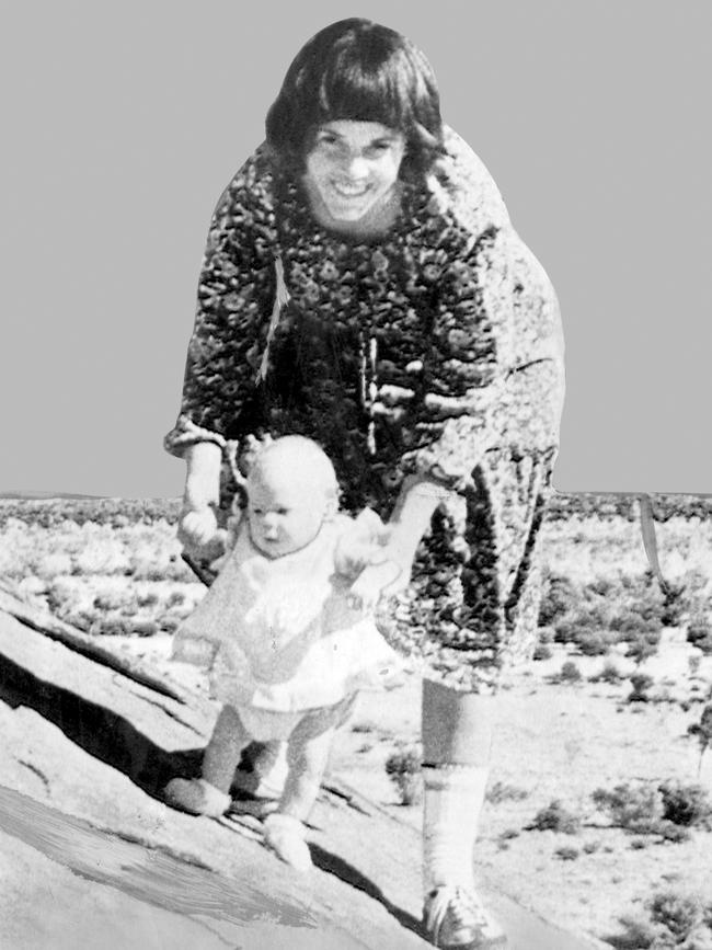 Lindy Chamberlain with baby Azaria on Ayers Rock in 1980 shortly before Azaria was grabbed and killed by a dingo.