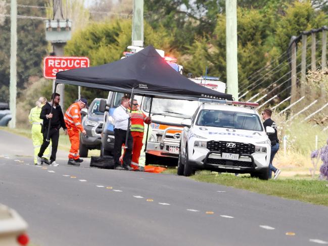 Police block off a road at Ardmona where police shot Turvey. Picture: David Crosling