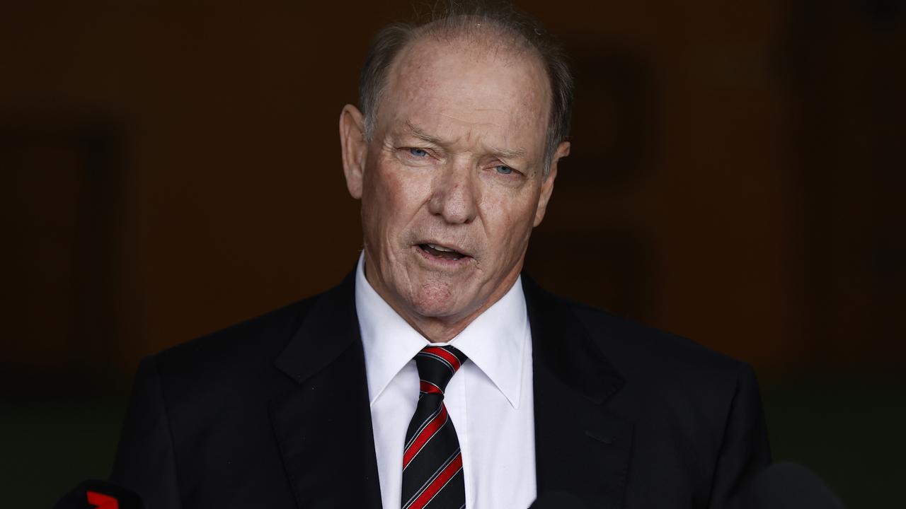 Essendon Bombers president, David Barham speaks to the media. Picture: Darrian Traynor