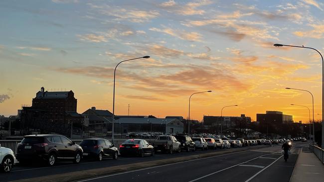 Long lines form at the Covid testing site at Hart's Mill, Port Adelaide as delta lockdown dawns on South Australia today. Picture: Dean Martin