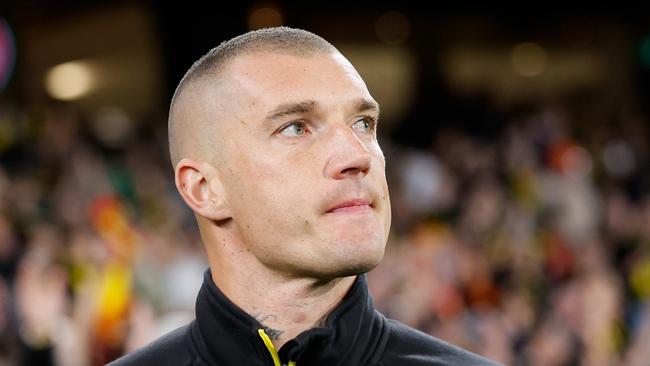 MELBOURNE, AUSTRALIA - AUGUST 24: Retiree Dustin Martin of the Tigers looks on whilst participating in a lap of honour during the 2024 AFL Round 24 match between the Richmond Tigers and the Gold Coast SUNS at The Melbourne Cricket Ground on August 24, 2024 in Melbourne, Australia. (Photo by Dylan Burns/AFL Photos via Getty Images)