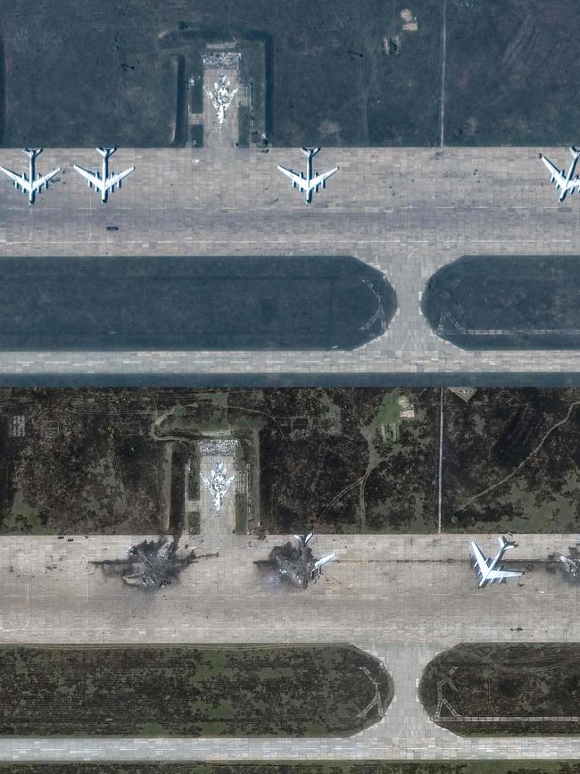 Tupolev Tu-22 aicrafts before and after the drone strike at Olenya Airbase. Picture: Maxar Technologies / AFP