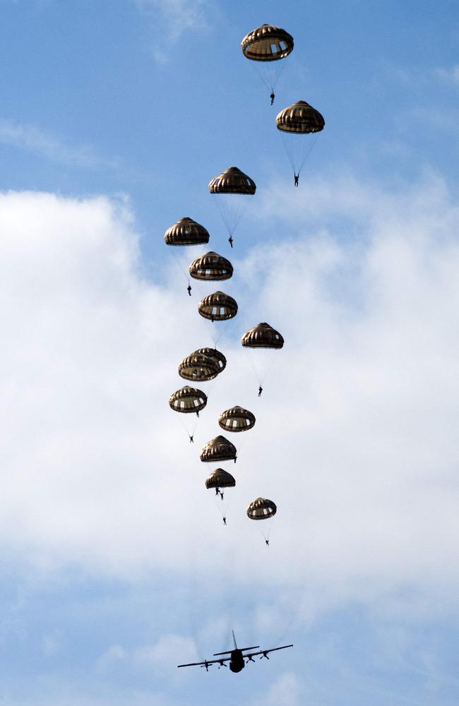 Parachutists are dropped above the Ginkelse Heide during the international parachuting exercise Falcon Leap in Ede, the Netherlands. Picture: Jeroen Jumelet/AFP