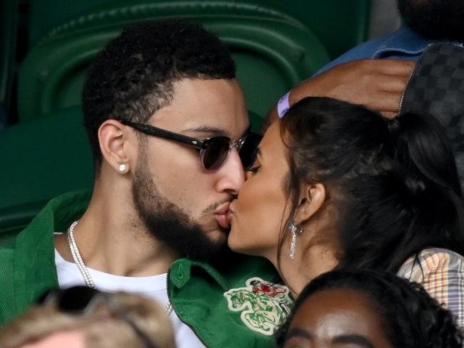 LONDON, ENGLAND - JULY 05: Ben Simmons and Maya Jama attend Wimbledon Championships Tennis Tournament at All England Lawn Tennis and Croquet Club on July 05, 2021 in London, England. (Photo by Karwai Tang/WireImage)