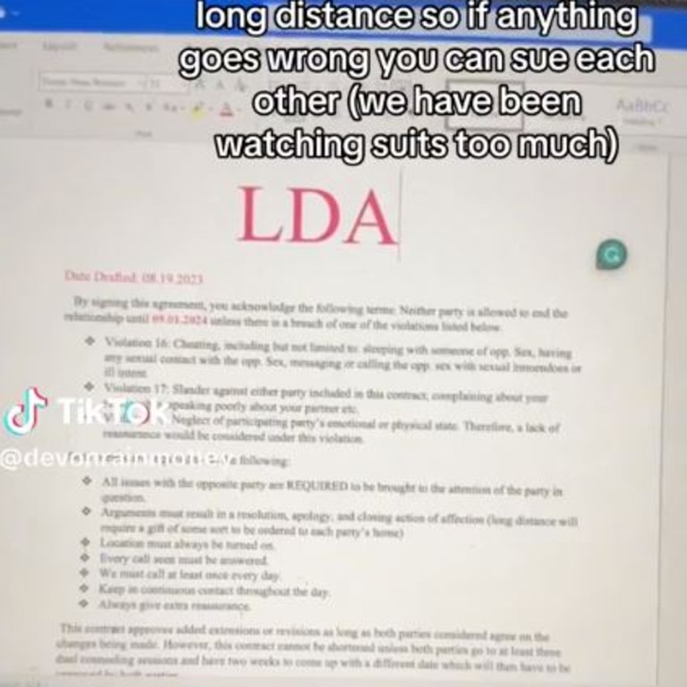 The pair divided the internet after revealing they’d drawn up a lengthy contract for their long-distance relationship. Picture: TikTok