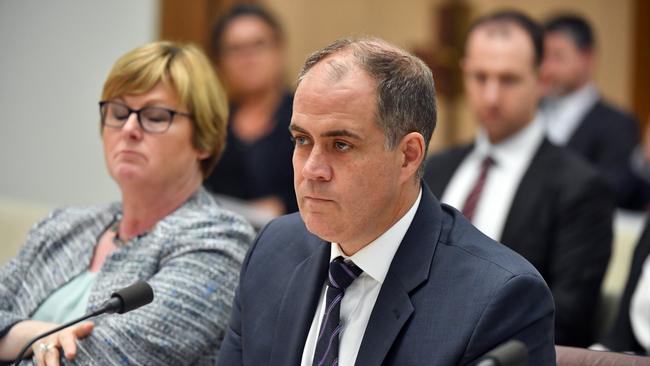 ABC managing director David Anderson appears at a Senate estimates hearing alongside defence minister Linda Reynnolds at Parliament House in Canberra in February 2020. Picture: AAP