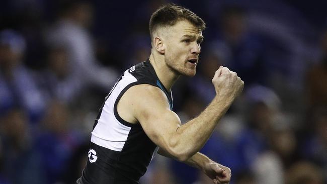 Robbie Gray of the Power celebrates a goal during the Round 22 AFL match between the North Melbourne Kangaroos and the Port Adelaide Power at Marvel Stadium in Melbourne, Saturday, August 17, 2019. (AAP Image/Daniel Pockett) NO ARCHIVING, EDITORIAL USE ONLY