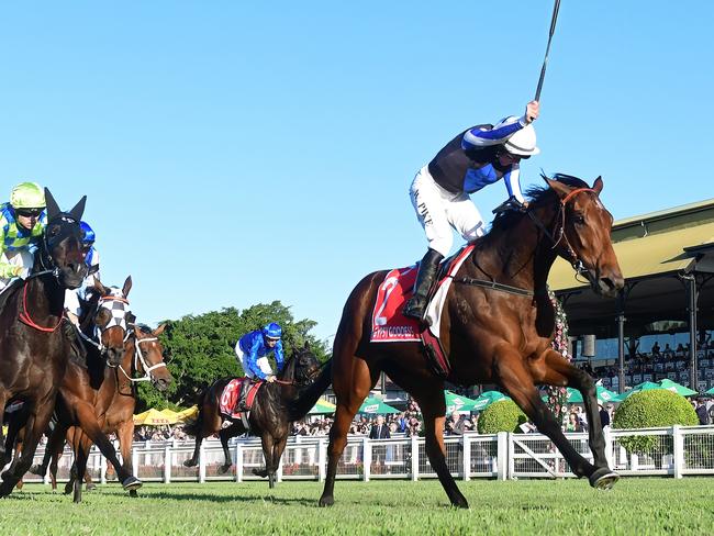 Gypsy Goddess storms to victory in the Group 1 Queensland Oaks under jockey William Pike. Picture: Grant Peters - Trackside Photography.