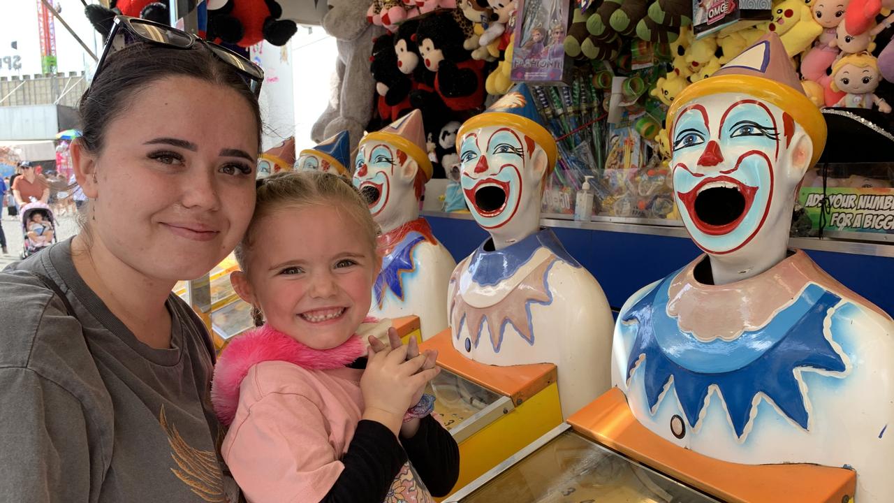 Jennaya Hodges and her daughter Aria Hartley prepare to play the laughing clowns at the Mackay Show on Thursday, June 16. Picture: Duncan Evans