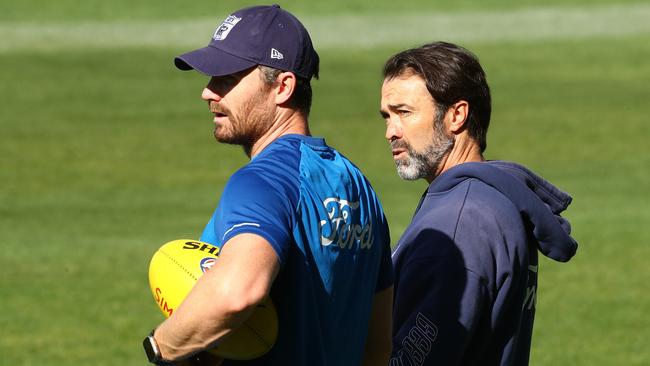Geelong captain Patrick Dangerfield and coach Chris Scott at Geelong’s mid-week training session. Picture: Alison Wynd