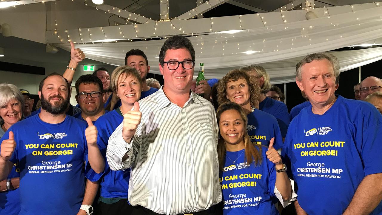 Dawson MP George Christensen celebrates his 2019 Federal Election win with his fiancee April, family, friends and supporters.