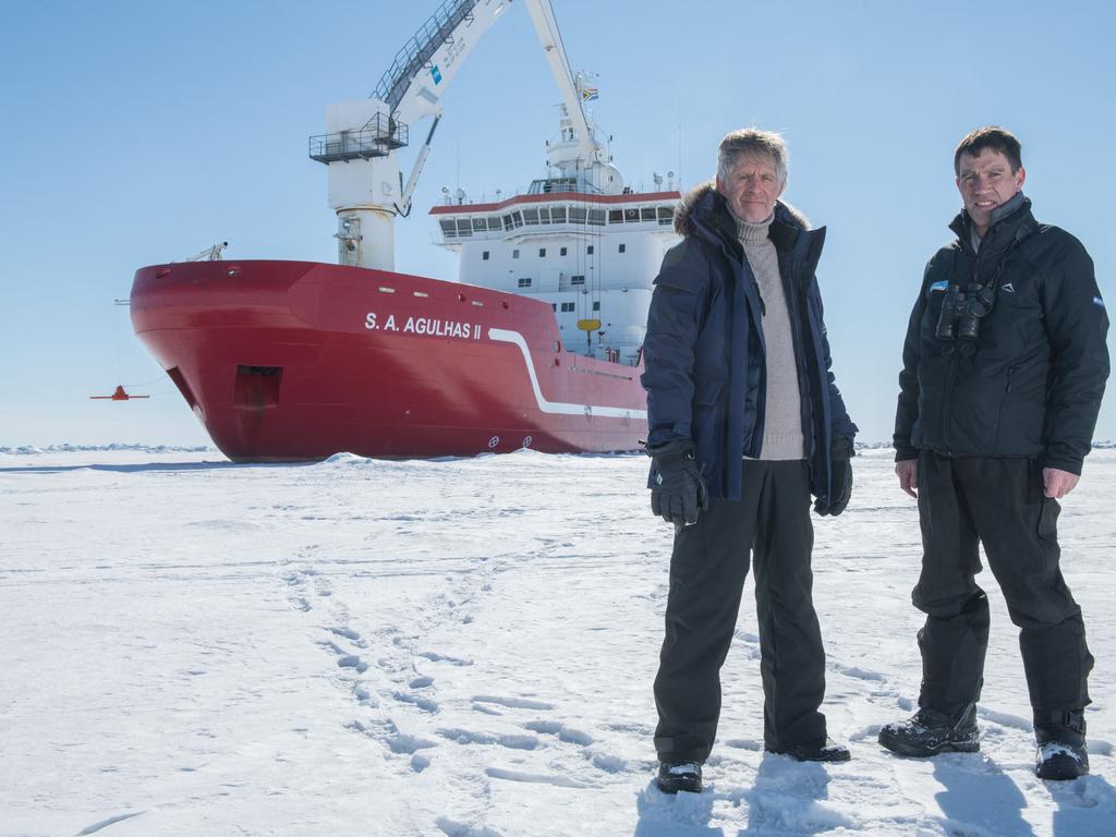 Mensun Bound, director of exploration of the Endurance22 expedition, and John Shears, expedition leader, with SA Agulhas II in the background. Picture: Esther Horvath/Falklands Maritime Heritage Trust/AFP