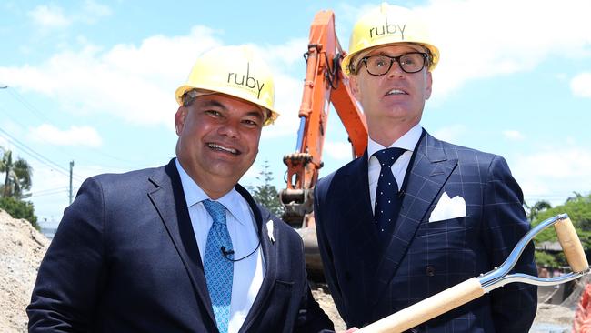 Gold Coast City Mayor Tom Tate and William O'Dwyer, Managing Director, Ralan Group at the sod turning ceremony for Ralan Group's $1 Billion project 'Ruby' at Surfers Paradise, Gold Coast. Picture: Regi Varghese