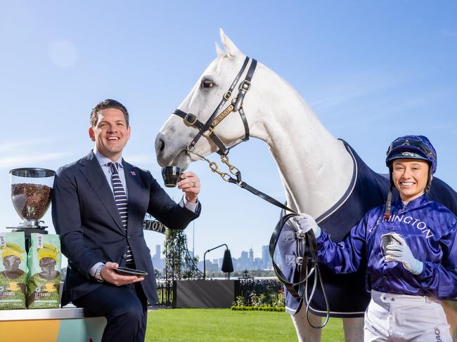 Clerk of the course horse Bare visits St Remio coffee cart with Trent Knox and jockey Chloe Azzopardi. Picture: Jason Edwards