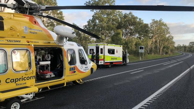 Rescue 300 on scene at a single-vehicle crash on the Bruce Highway at St Lawrence on October 16, 2022. Picture: RACQ CapRescue