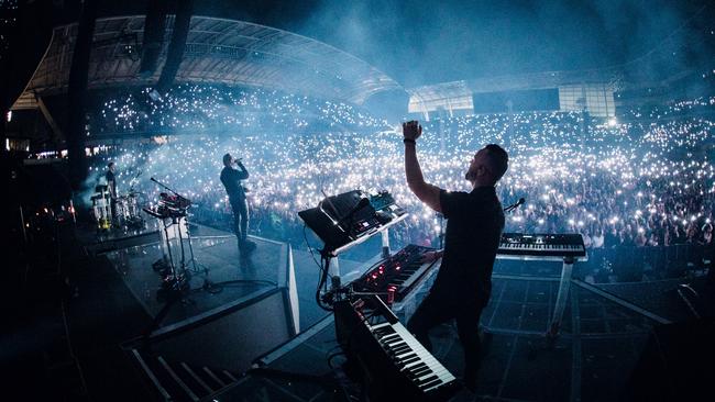 Rufus Du Sol performing at Banc of California Stadium in Los Angeles, November 2021. Picture: supplied