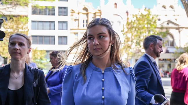 5/3/2024 Brittany Higgins and David Sharaz arrive at David Malcolm Justice Centre to meet face to face with Linda Reynolds as part of a court-ordered mediation. Reynolds is suing the engaged couple for defamation. Picture: Colin Murty