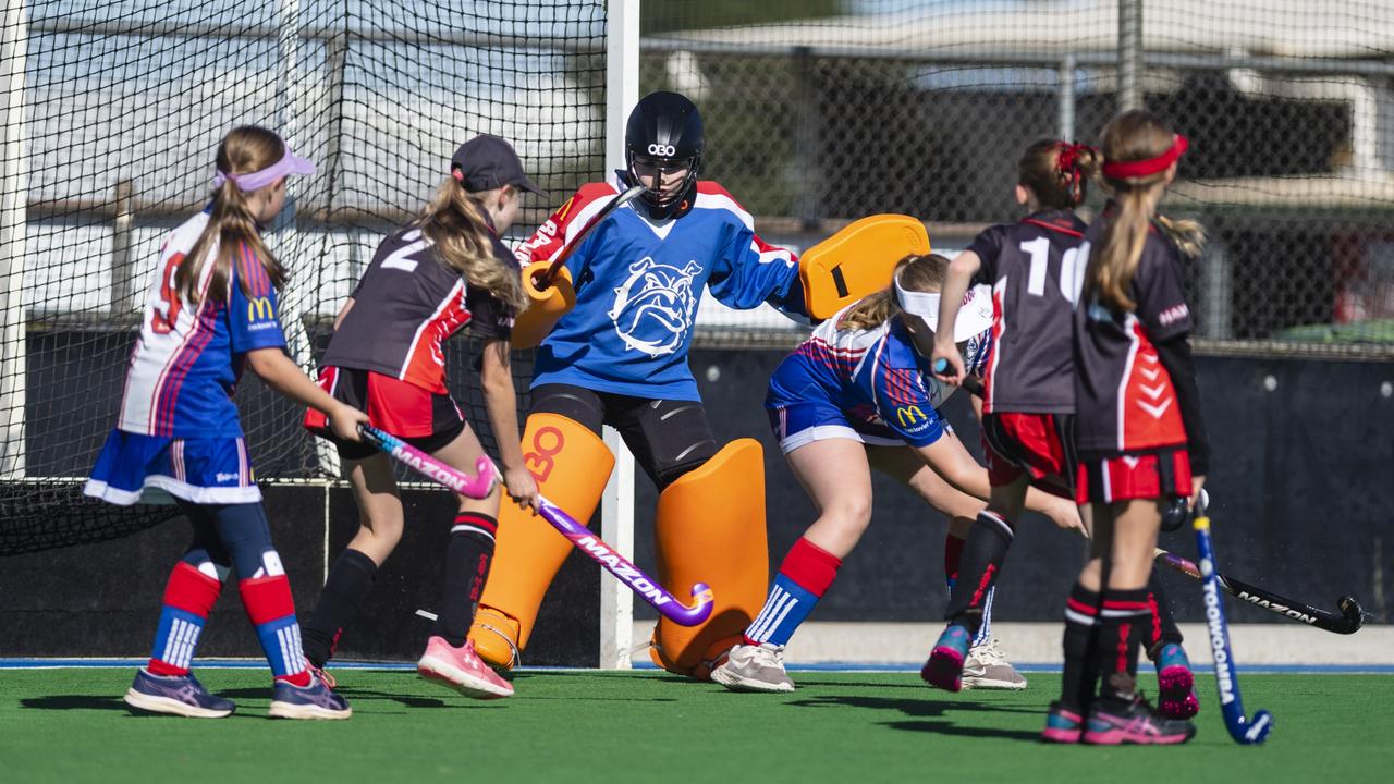 Rangeville goal keeper Grace Matthews against Past High in under-11 girls Presidents Cup hockey at Clyde Park, Saturday, May 27, 2023. Picture: Kevin Farmer