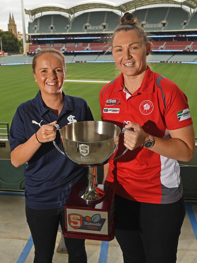 South Adelaide captain Elyse Haylock with North Adelaide co-skipper Kristi Harvey. Picture: Tom Huntley