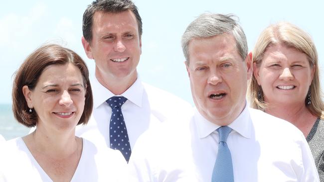 LNP Deputy Leader Deb Frecklington (front left) and Leader Tim Nicholls (front right) made the call to preference Jackie Trad. Picture: Liam Kidston