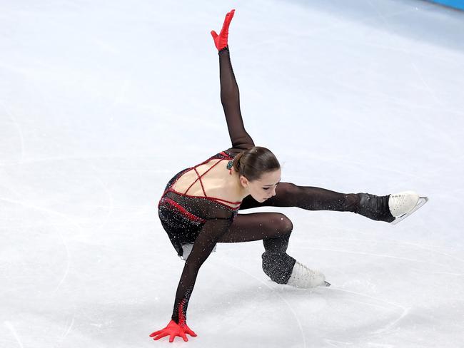 BEIJING, CHINA - FEBRUARY 07: Kamila Valieva of Team ROC falls during the Women Single Skating Free Skating Team Event on day three of the Beijing 2022 Winter Olympic Games at Capital Indoor Stadium on February 07, 2022 in Beijing, China. (Photo by Matthew Stockman/Getty Images)