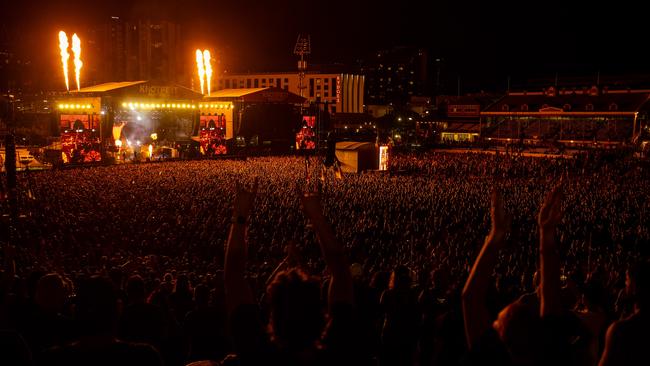 Heavy metal fans gathered at Brisbane Showgrounds for the Australian debut of Knotfest, a touring music festival headlined and curated by masked American nine-piece metal band Slipknot. Picture: Kane Hibberd