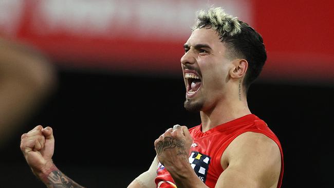 AFL Round 11. Gold Coast Suns vs Essendon at Metricon Stadium, Gold Coast.12/08/2020.  Izak Rankine of the Suns celebrates his goal in the second quarter  . Pic: Michael Klein