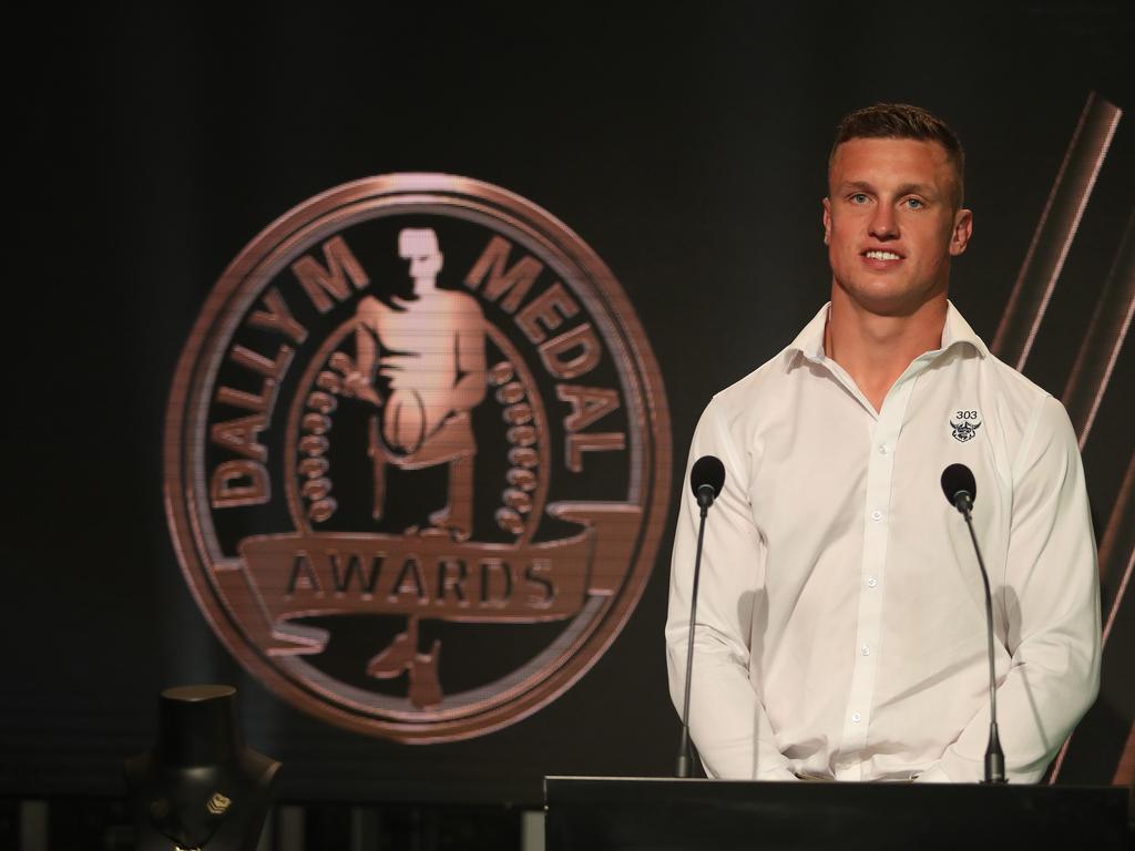 Canberra's Jack Wighton speaks during a live cross during the 2020 Dally M Awards at Fox Sports studio, Artarmon. Picture: Brett Costello