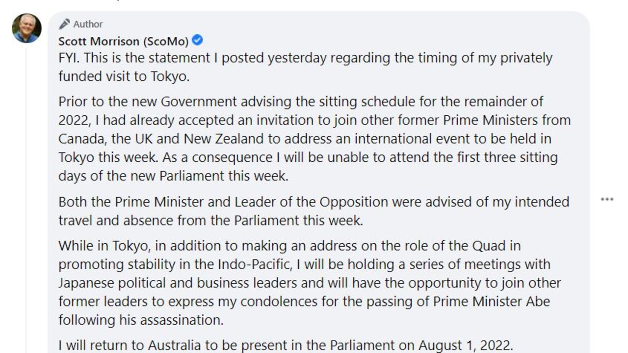 Mr Morrison previously said the trip to Japan was ‘privately funded’. Picture: Scott Morrison/Facebook