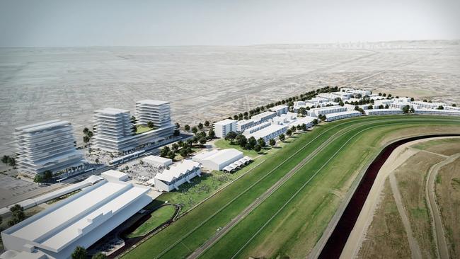 An artist impression of the Morphettville Racecourse hotel and housing development.