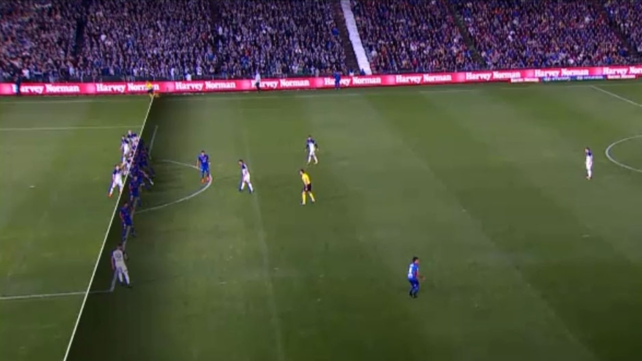 Screengrab showing three Jets players offside during the A League Grand Final match between the Newcastle Jets and Melbourne Victory