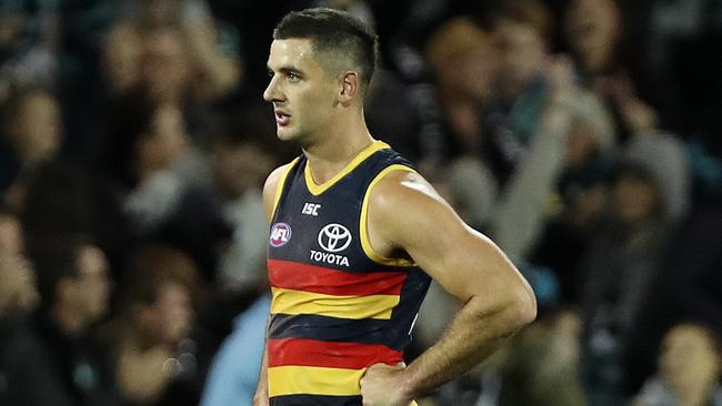 Crows captain Taylor Walker will lead Adelaide against Fremantle in Perth on Sunday starting at centre half-forward. Picture: Sarah Reed.