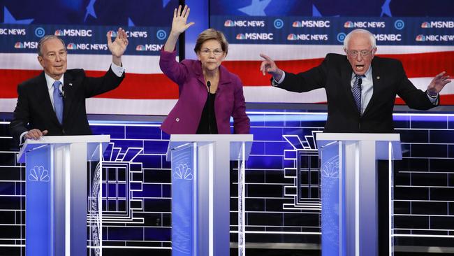 From left, Democratic presidential candidates, former New York City Mayor Mike Bloomberg, Senator Elizabeth Warren, Senator Bernie Sanders, at the Democratic presidential primary debate.