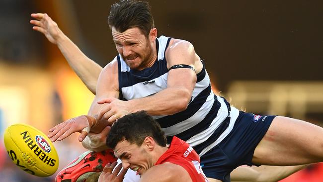 The Swans in action against a high-flying Patrick Dangerfield.