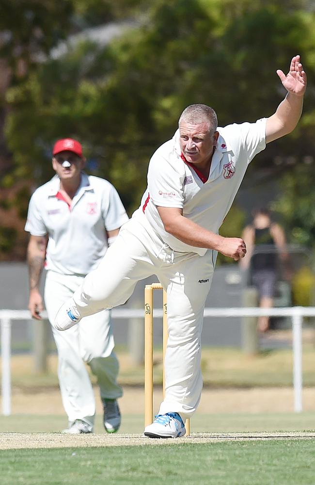 Springvale South champion Craig Slocombe strives for a Buckley Ridges wicket.