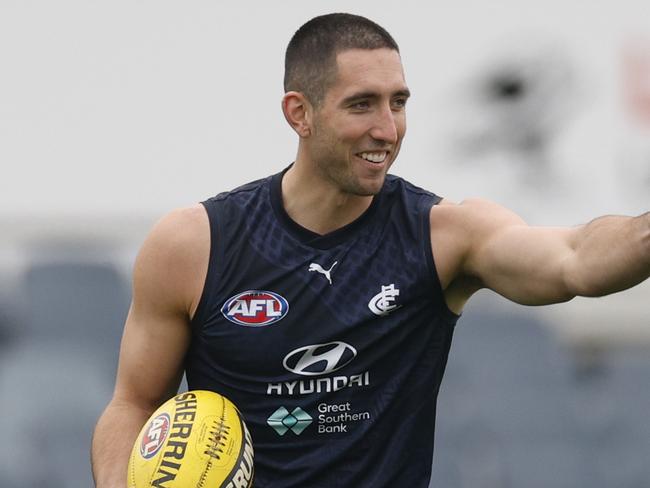 MELBOURNE, AUSTRALIA. May 2, 2024. AFL … Carlton training at Ikon Park. Jacob Weitering of the Blues during todays very light session. Pic: Michael Klein