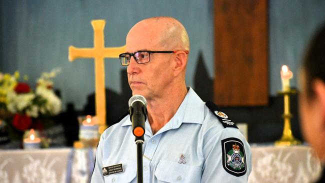 Senior Sergeant Geoff Bormann, the officer in charge of Ingham Police at the National Police Remembrance Day commemoration at the Ingham Holy Trinity Anglican Church in Hinchinbrook Shire on Friday. Picture: Cameron Bates