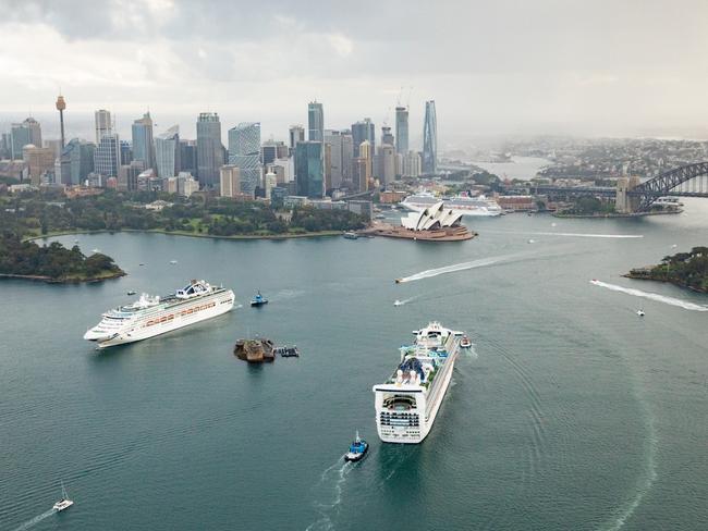 P&amp;O Cruise ships Pacific Explorer (left) and Pacific Adventure (right) with Carnival Splendor in the background at the Overseas Passenger Terminal in 2022. Picture: James D. Morgan/Getty Images