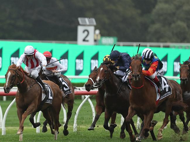 SYDNEY, AUSTRALIA - OCTOBER 19: Craig Williams riding Bella Nipotina wins Race 7 The TAB Everest during Sydney Racing - The Everest Day at Royal Randwick Racecourse on October 19, 2024 in Sydney, Australia. (Photo by Jeremy Ng/Getty Images)