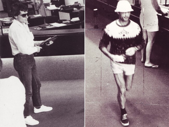 Left, a casual, clean shaven bandit robs a bank while on the run from police in 1987. Right, the ‘jogging bandit’ of Sydney in 1980 makes a getaway in sand shoes, shorts and dark socks.