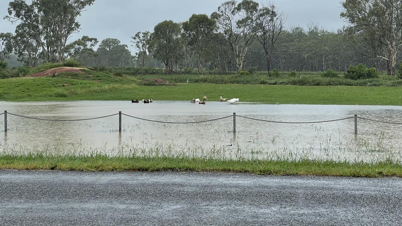 Flooded roads in Kingaroy on Tuesday morning after the region experienced a night of heavy rain.