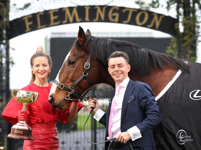 Melbourne Cup Jockeys Michelle Payne and Robbie Dolan with Melbourne Cup horse Prince of Penzance for the launch of the 2025 Melbourne Cup Tour. Picture: David Caird