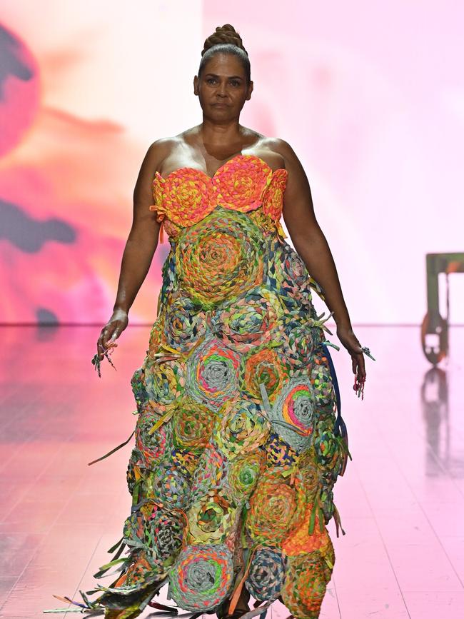 Elaine George walks the runway during the Iordanes Spyridon Gogos show at Australian Fashion Week. Picture: Getty Images