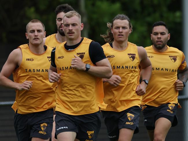 MELBOURNE , AUSTRALIA. November 20, 2023. AFL . Hawthorn footy training at Waverly Park .   Jack Ginnivan does some extra running during todays session   . Pic: Michael Klein