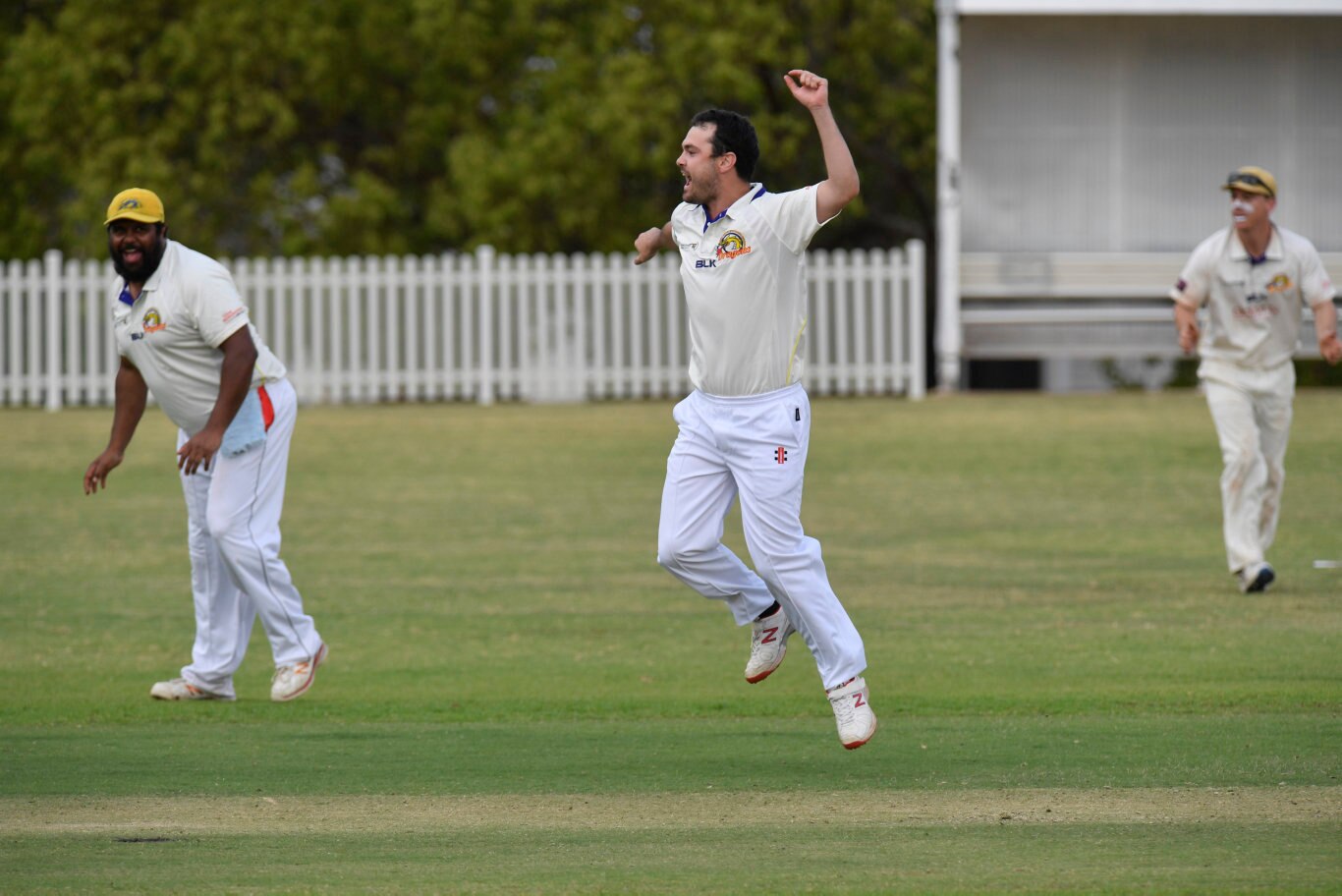 Jace Hudson of Northern Brothers Diggers celebrates bowling Mitch Teske of Lockyer Lightning out in round five Harding-Madsen Shield cricket at Rockville Oval, Saturday, October 19, 2019. Picture: Kevin Farmer