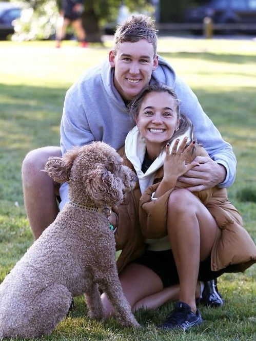 Newly engaged Tom Lynch, Olivia Burke and their pooch Gryff. Picture: Instagram